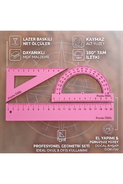 SEF-X Ahsap Tasarım Ahşap Cetvel İletki gönye seti, Turuncu cetvel, Okul malz...