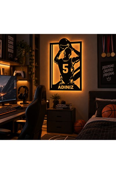 MODAT Kişiye Özel LED Işıklı Basketbolcu Duvar Tablosu 40x24 cm İsim ve Numar...