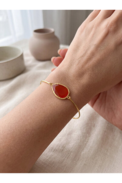 Beatis Red Natural Stone Detailed Gold Color Women's Bracelet