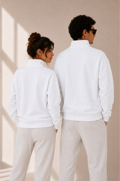 Jooy Ateş ve Su Baskılı Yarım Fermuarlı Dik Yaka Sweatshirt Sevgili Çift Kombini 2'li Set