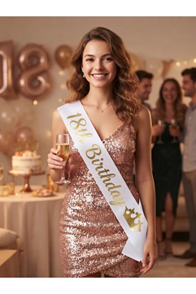 18 yaş doğum günü kuşağı 18th birthday yazılı kuşak beyaz üzeri gold renk