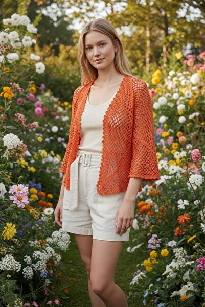 pulur.co Orange Hand Knitted Crochet Hexagonal Mesh Cardigan