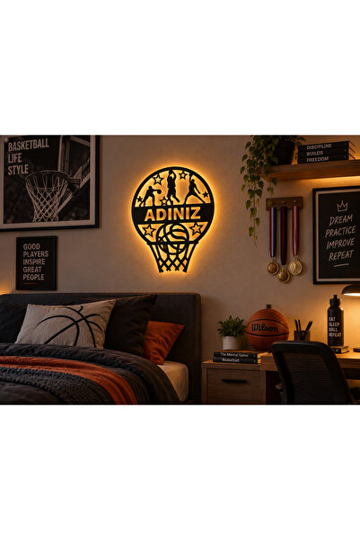 Kişiye Özel Basketbol Potası LED Duvar Tablosu 32x40 cm İsim Yazılı Işıklı Tablo