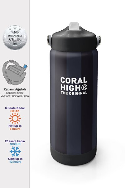 Coral High Siyah Çizgili Desenli Katlanır Ağızlıklı Çelik Termos 650