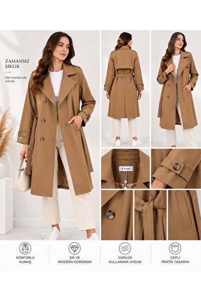 Ravello Collection Kadın Camel Kruvaze Düğmeli Kemerli Uzun Trençkot