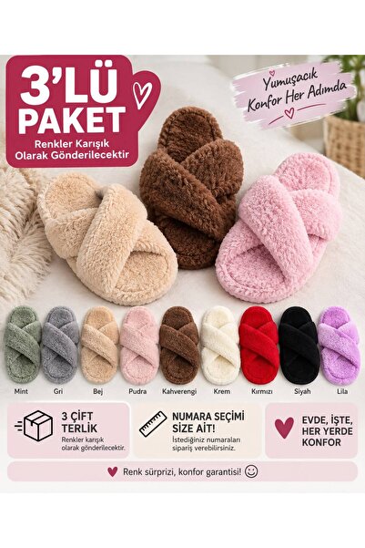 WOSSE KADIN PELUŞ EV TERLİĞİ ÇAPRAZ BANTLI YUMUŞAK TÜYLÜ 3’LÜ PAKET KARIŞIK R...