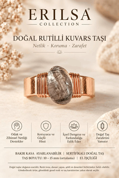 Erilsa Certified Natural Rutil Quartz Stone Ring Copper Case Adjustable Handc...