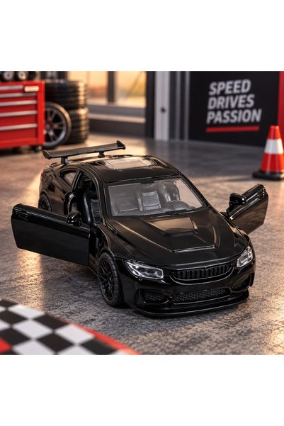 Hediye24 1:32 Scale Die Cast Sports Car Model, Metal Body, Openable Doors, Pull Back, Black
