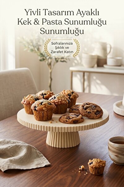 Jüjü Design Yivli Ayaklı Kek Pasta Sunum Standı Krem Yuvarlak Kurabiye Sunumluğu