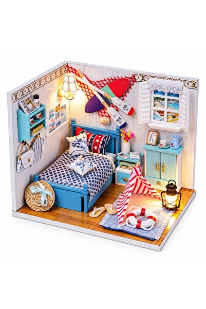 Toy Μικροσκοπικό σπίτι DIY, δωμάτιο με θαλάσσιο θέμα, έπιπλα και φωτισμός LED