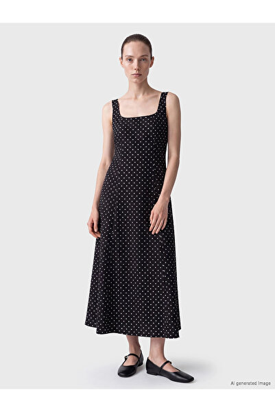 LC Waikiki Lcw Comfort Black Square Neck A-Line Polka Dot Dress