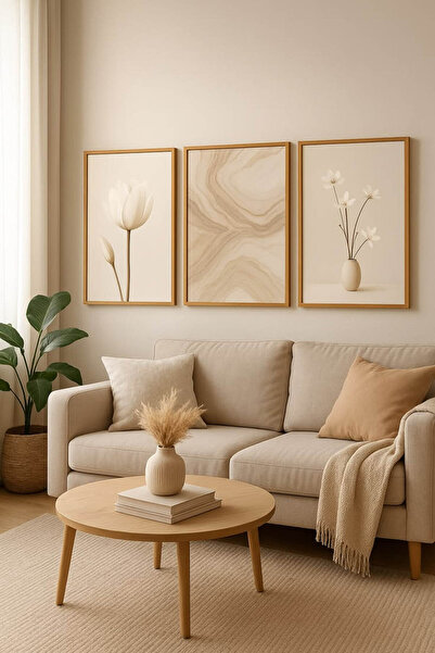 NT Handmade Natural Wood Framed 3-Piece Minimal Floral and Marble Pattern Wal...