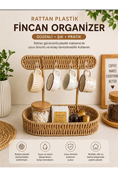 Mikasso Hasır Askılı Rattan Görünümlü Plastik Fincan Organizer | Dekoratif Ka...