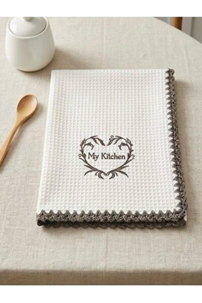 %100 Pamuk Nakışlı ve El Yapımı Örgü Kenarlı Mutfak Havlusu - 45x60 cm (Waffle / Waffle Doku) 2 Adet