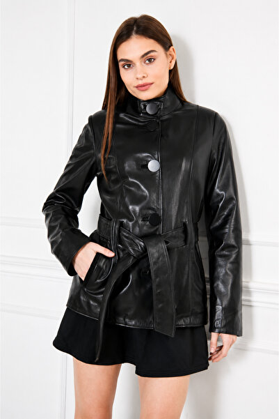 The Leather Craft Kadın Siyah %100 Hakiki Deri Kemerli İri Düğmeli Dik Yaka D...