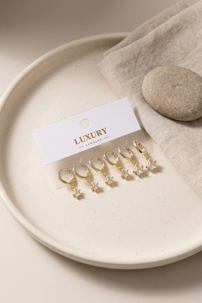 Bezos Star Zircon Stone Gold Color Brass Set Earrings