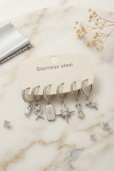 Bezos 316L Steel Silver Color Pole Star Detailed Women's Earring Set