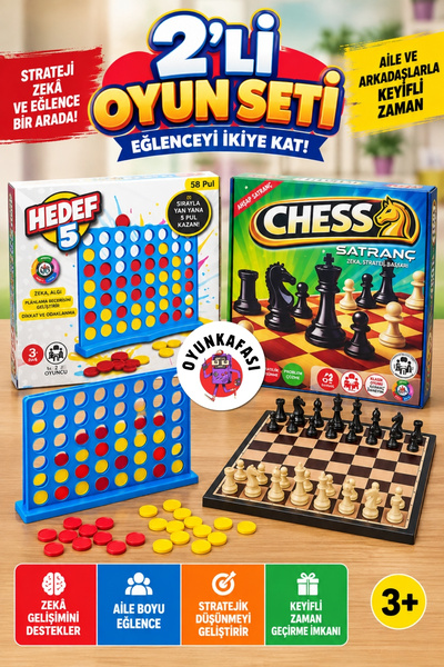 OYUNKAFASI 2’li Set Hedef 5 ve Ahşap Satranç 2’li Zeka Strateji Oyun Seti – Ç...