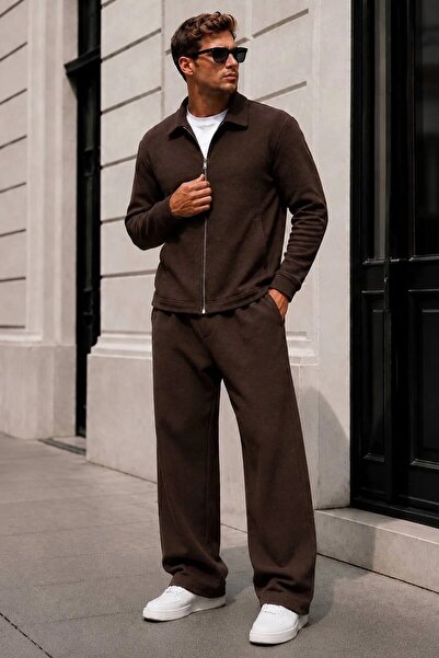 MADZEYMODA Men's Brown Crep Jacket & Baggy Pants Bottom Top 2-Piece Set Ls-16108
