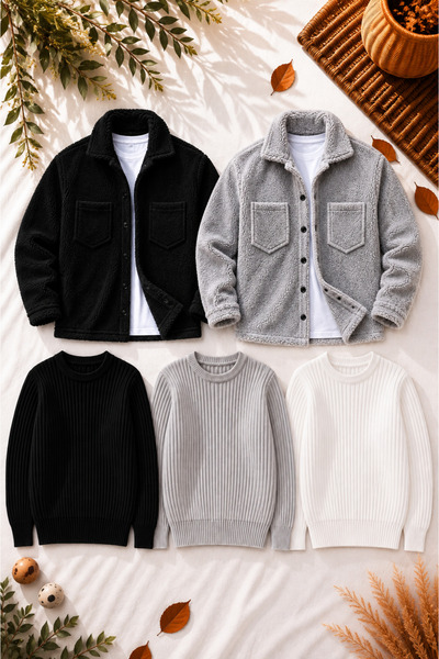legends butik Men's 5-Piece Winter Combination Set 2 Plush Jackets 3 Crew Nec...