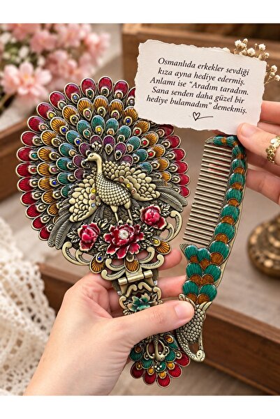 Home Vintage Yeşil Tavus Kuşu Hediyelik Ayna Tarak Seti