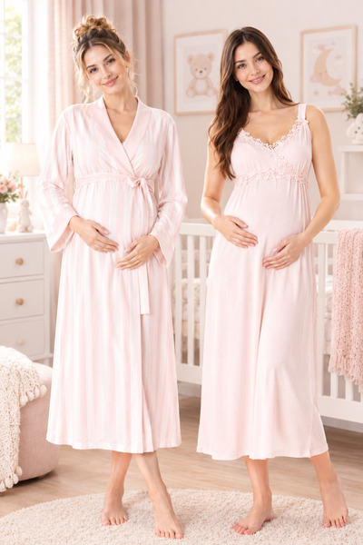 by İGP Maternity Double-Breasted Striped Nightgown Set