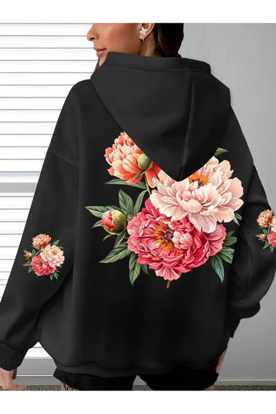 mercoledi Floral Sleeve Printed Oversize Hooded Women's Unisex Sweatshirt