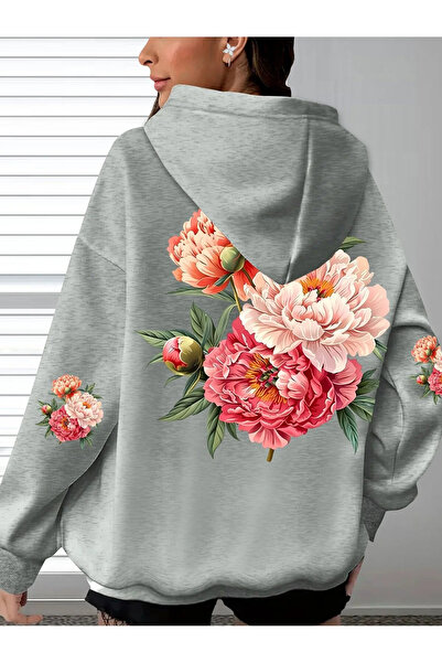 mercoledi Floral Sleeve Printed Oversize Hooded Women's Unisex Sweatshirt