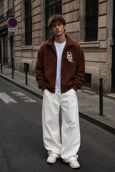 MADZEYMODA Men's Reflective Embroidered Brown Plush Coat Ls-86043