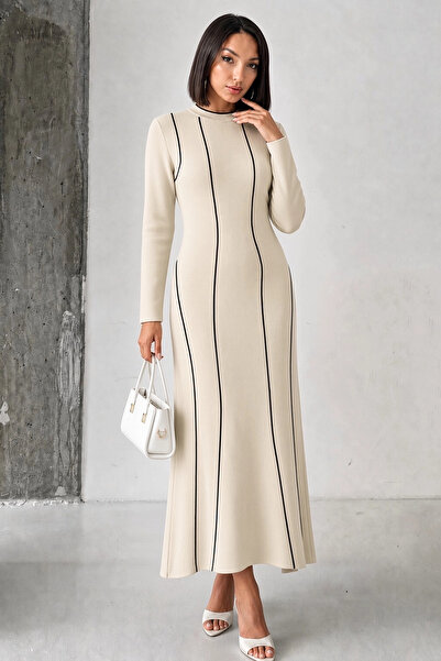 Lusin Women's Ecru Stylish Line Detailed Long Sleeve Crew Neck Knitwear Dress...