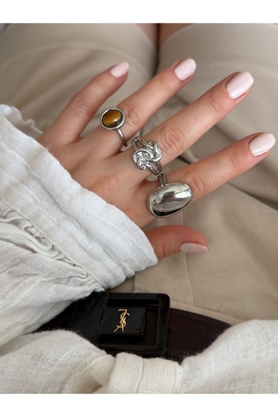 Pinery Jewels İri Renkli Taşlı Rodyum Kaplama Çoklu Yüzük Seti