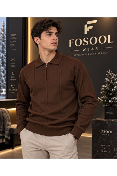 FOSOOL Erkek Polo Yaka Fermuarlı Triko Kazak – Uzun Kollu Şık Günlük Kışlık K...