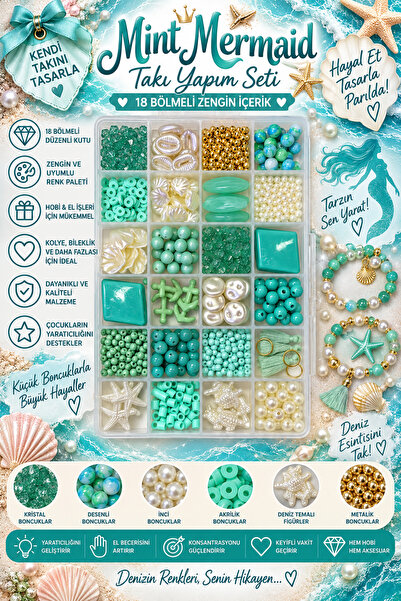 By MO Accessories 18 Bölmeli Mint Mermaid Boncuk Seti – Çocuk ve Yetişkin Tak...