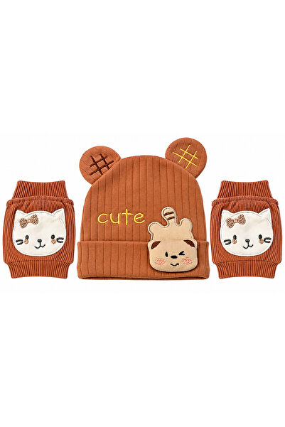 casa nexa Baby Teddy Bear Hat and Knee Protector Set 2 Piece Cat Pattern Craw...
