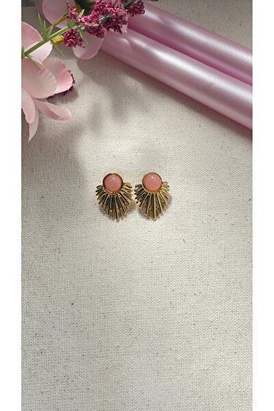 Derya Çelik Takı Pembe Taşlı Gold Güneş Küpe