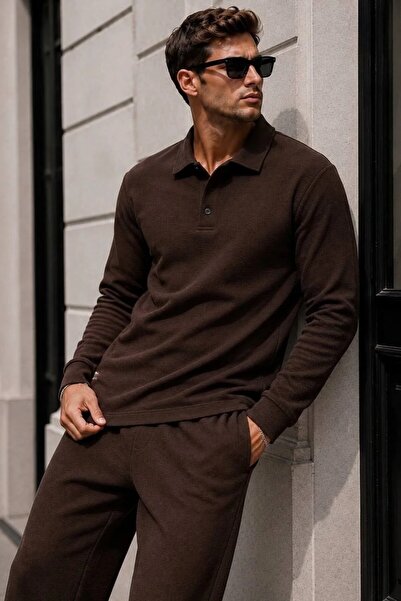 MADZEYMODA Men's Coffee Crep Polo Collar Sweat & Baggy Pants Bottom Top 2-Piece Set Ls-39174