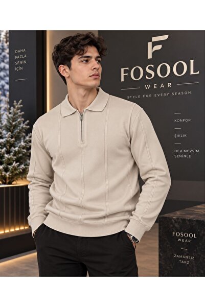 FOSOOL Erkek Polo Yaka Fermuarlı Triko Kazak – Uzun Kollu Şık Günlük Kışlık K...