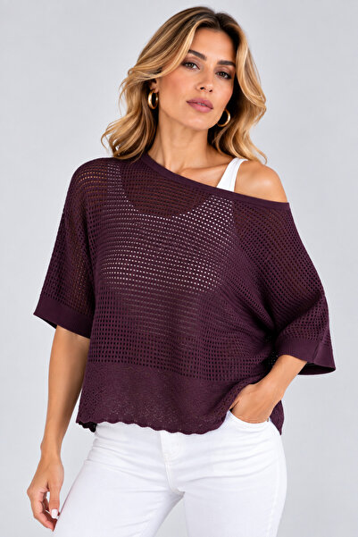 moda wanilia Women's Openwork Knit Boat Neck Bat Sleeve Oversize Knitwear Blouse