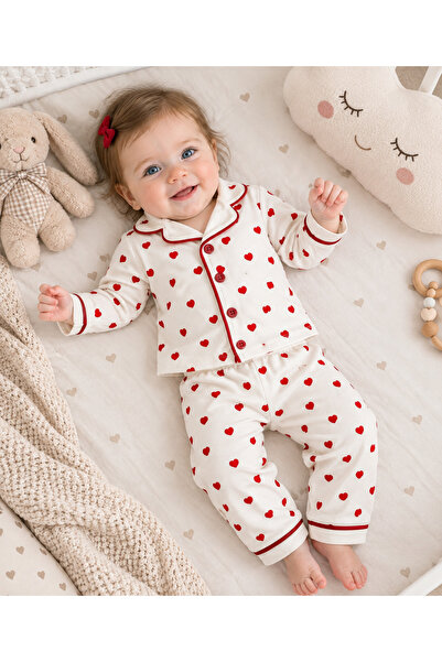 EMSTA BABY طقم بيجامة أطفال بأكمام طويلة ونقشة قلب - 100% قطن