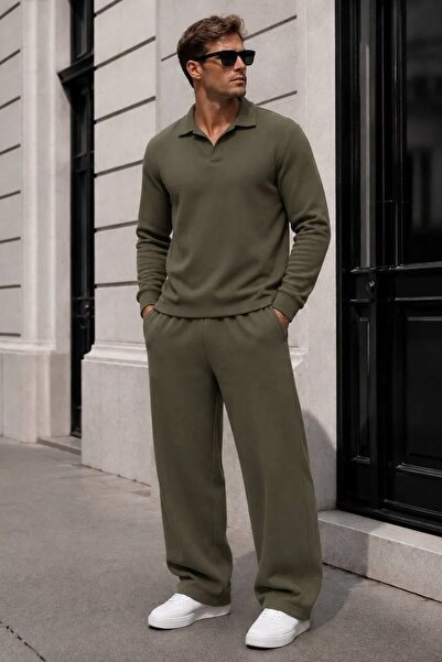 MADZEYMODA Men's Khaki Crep Polo Collar Sweat & Baggy Pants Bottom Top 2-Piec...