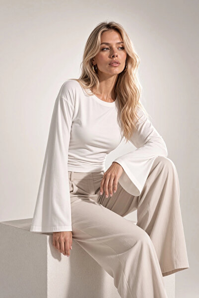 Lusin Women's White Waist Fit Spanish Sleeve Premium Fabric Blouse