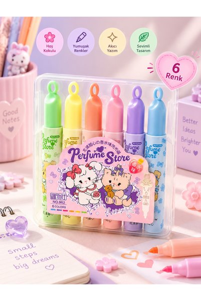 ÖZ OFİS 6'lı Özel Kutulu Parfüm Kokulu Pastel Fosforlu Kalem Seti - Sevimli K...