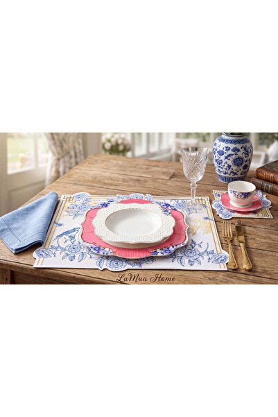 LAMUA HOME Royal Mavi Çiçek ve Kuş Desenli 6 Kişilik Sunum Seti Runner Supla Bardak Altlığı Kırlent 15 Parça