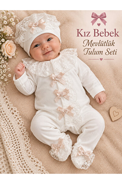 ÖZEL GÜN LIZ TULUM GÜLLÜ FİYONKLU VE FİSTO DETAYLI İKİ PARÇA MEVLÜTLÜK KIZ TULUM SETİ BEBE TAKIMI
