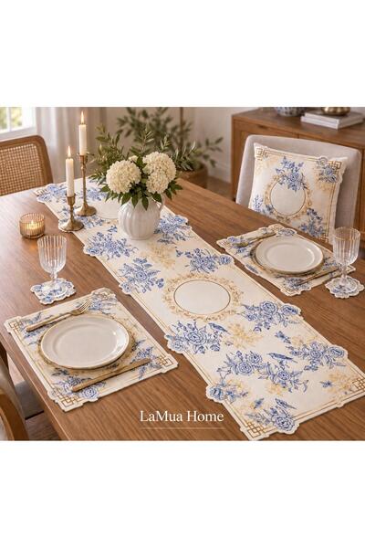 LAMUA HOME Royal Mavi Çiçek ve Kuş Desenli 4 Kişilik Sunum Seti Runner Supla ...
