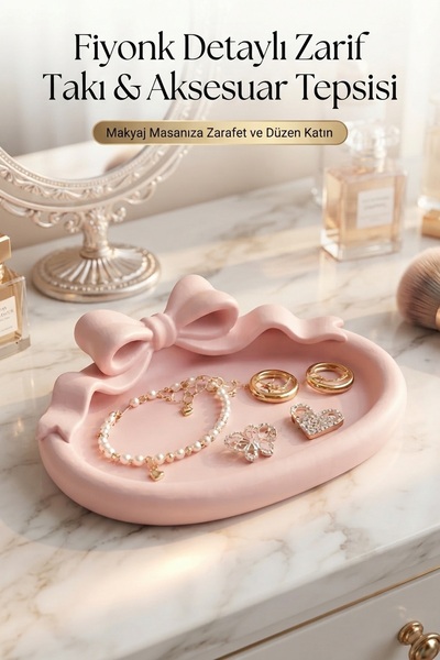 Jüjü Design Fiyonk Detaylı Takı ve Aksesuar Tepsisi 15 cm Pembe Masaüstü Orga...