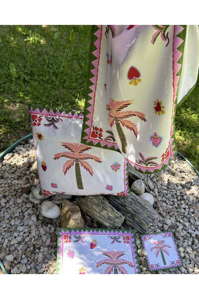 LAMUA HOME Palm Desenli 6 Kişilik Sunum Seti Runner Supla Bardak Altlığı Kırlent 15 Parça