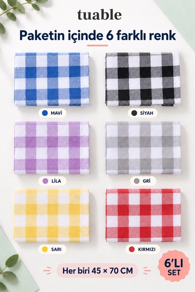 Tuable Lunch Cover Set of 6, Checkered and Colorful, 45 × 70 cm – for Kindergarten and Primary School, 100% Cotton, Suitable for Food Contact