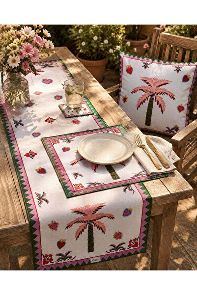 LAMUA HOME Palm Desenli 6 Kişilik Sunum Seti Runner Supla Bardak Altlığı Kırlent 15 Parça