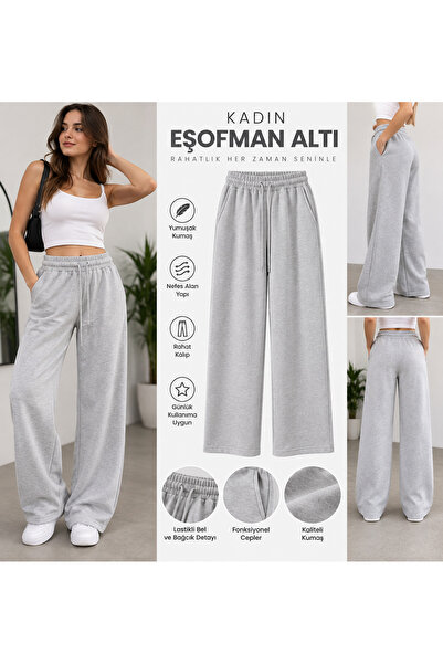 Ravello Collection Kadın Gri Melanj Bol Paça Eşofman Altı – Lastikli Bel & Ba...